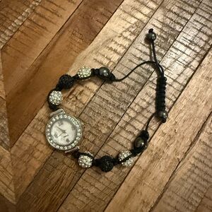 Crystal Accent Black Beaded Bracelet Watch